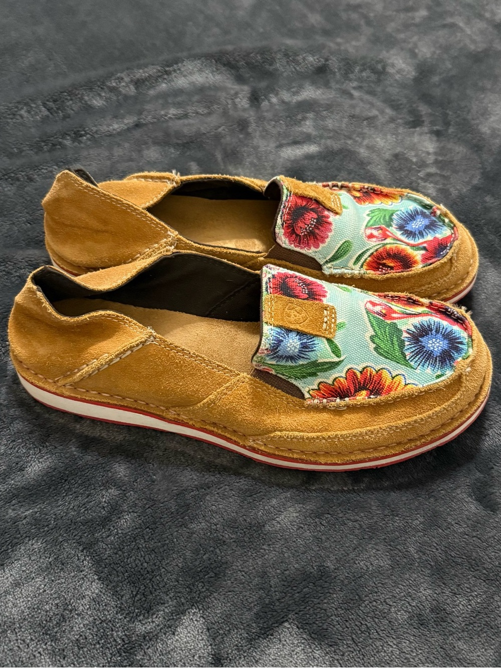 Ariat Tan Suede Slip-On Moccasins with Floral Canvas